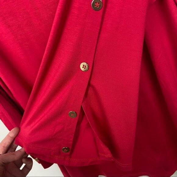 Cable Gauge Red Split Bell Sleeve Buttons Size 1X Blouse Crew Neck Top Blouse - Picture 4 of 10